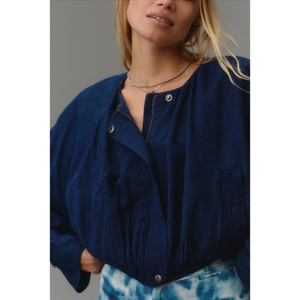 Anthropologie Maeve Bomber Jacket Blue Chambray Parachute Preppy Retro Small NWT